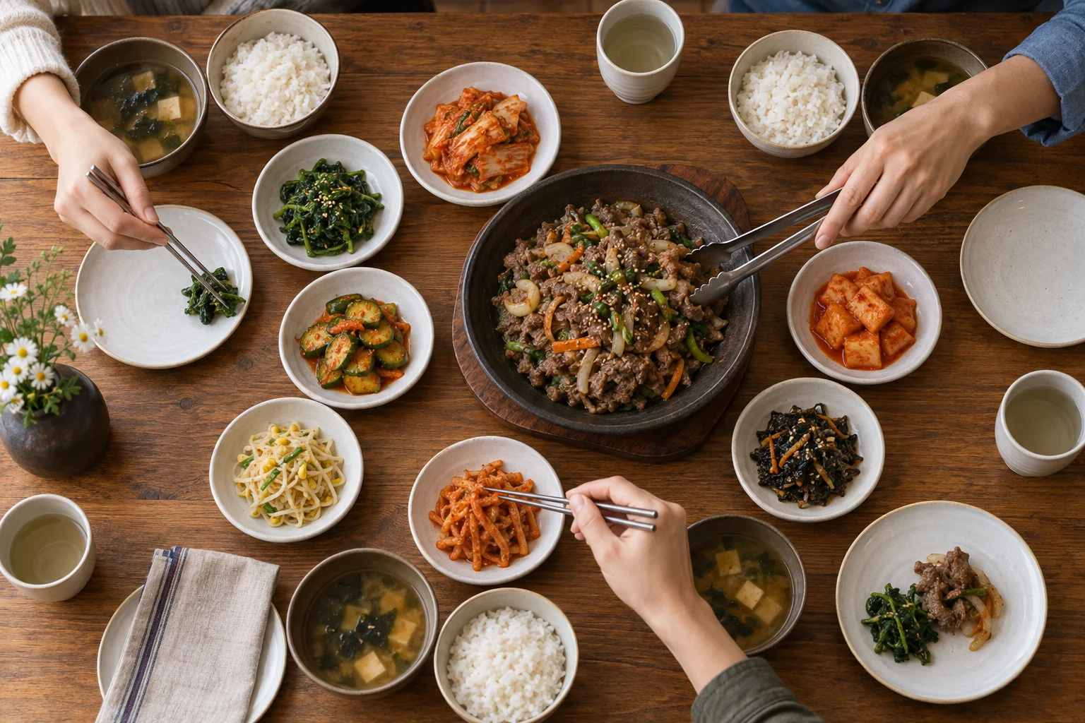 Korean table arranged with individual bowls and neatly shared banchan