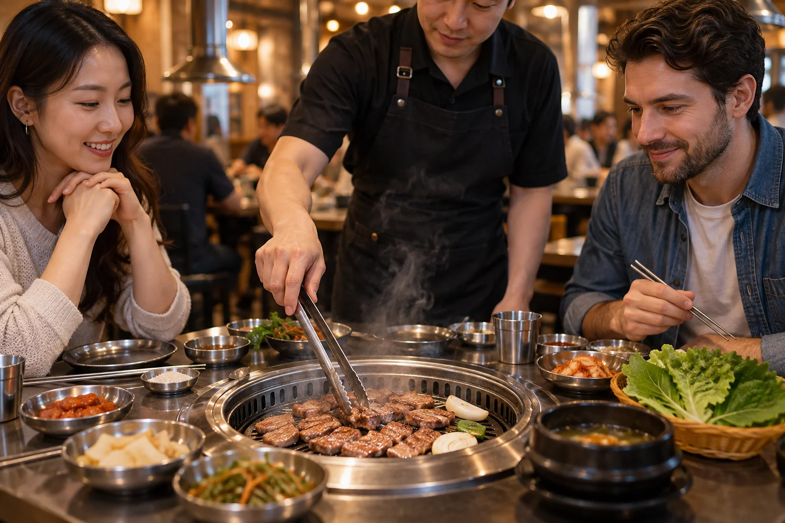 Restaurant staff member managing a Korean barbecue grill for two diners