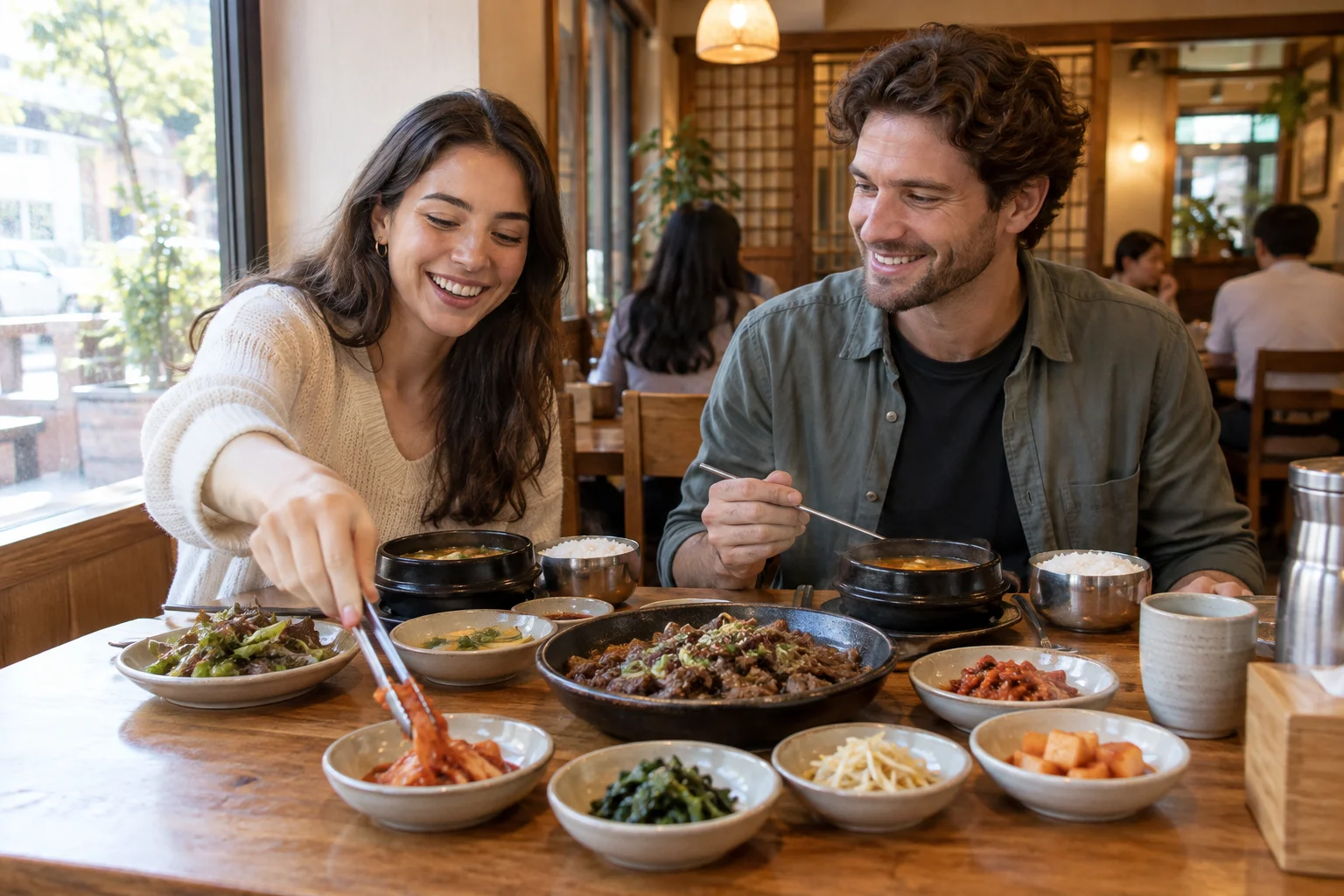 Two travelers sharing a Korean meal with banchan in a Seoul restaurant