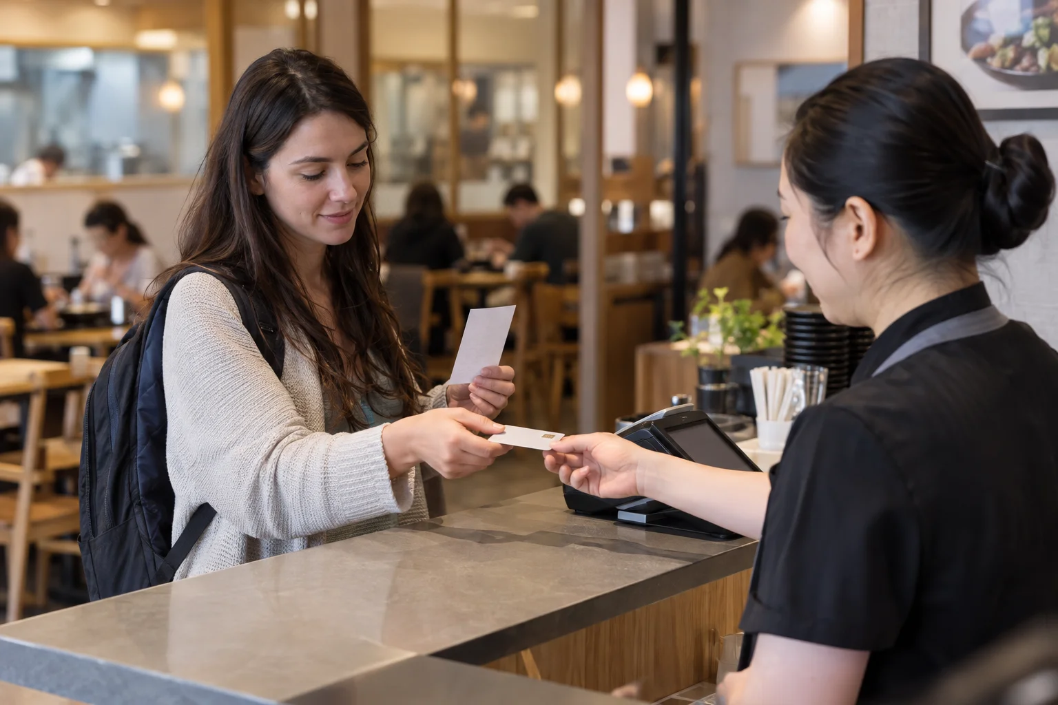 Traveler paying by card at the front counter of a Korean restaurant