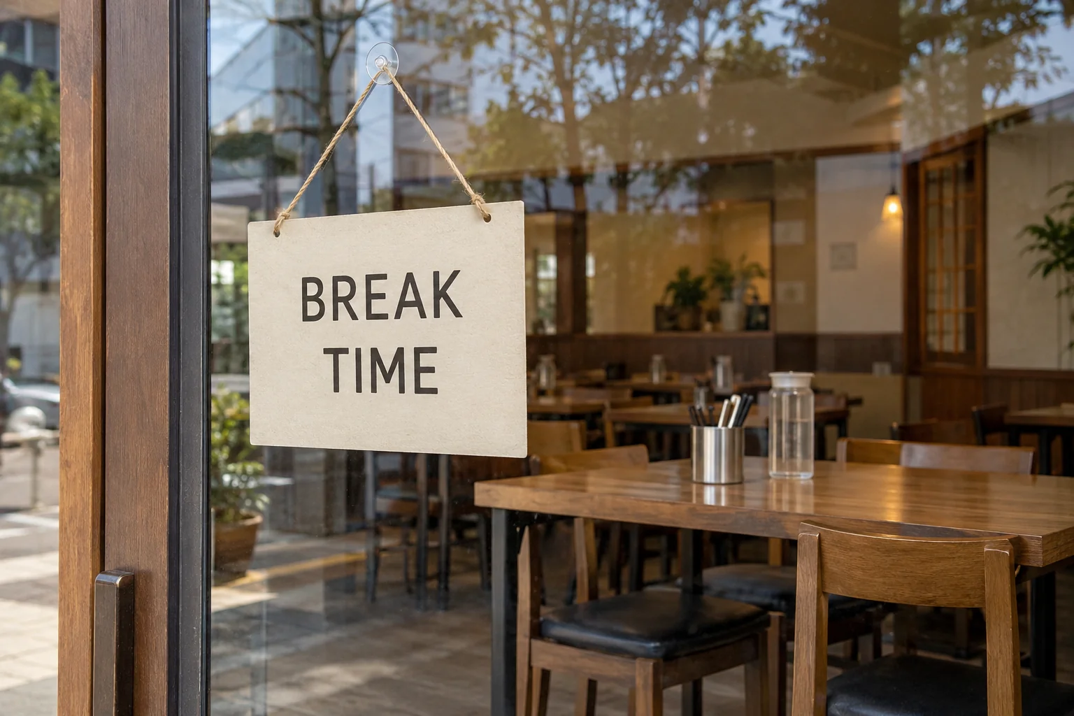 A readable Break Time sign on a glass restaurant door with empty tables visible inside
