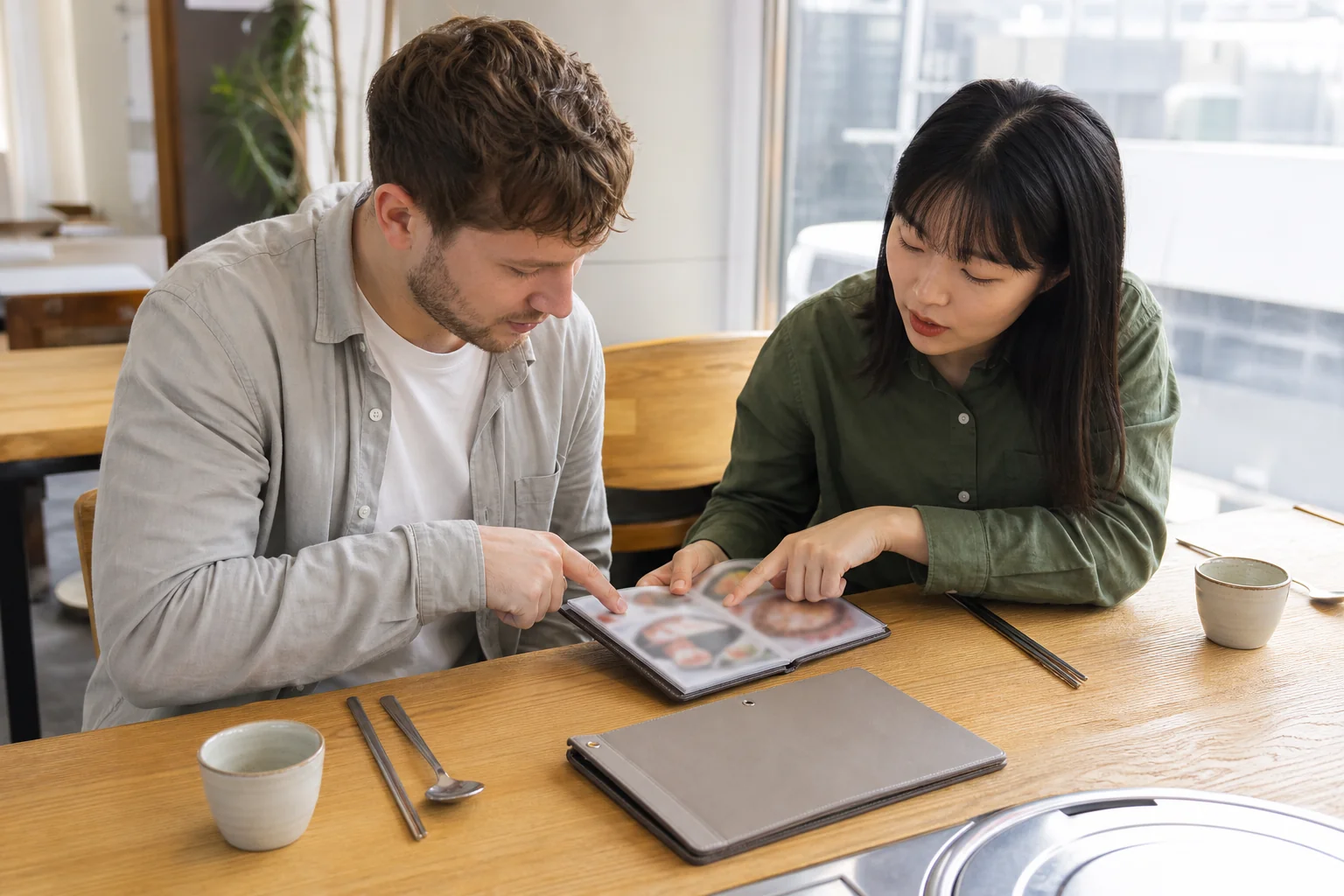Two travelers reviewing food choices at a Korean restaurant