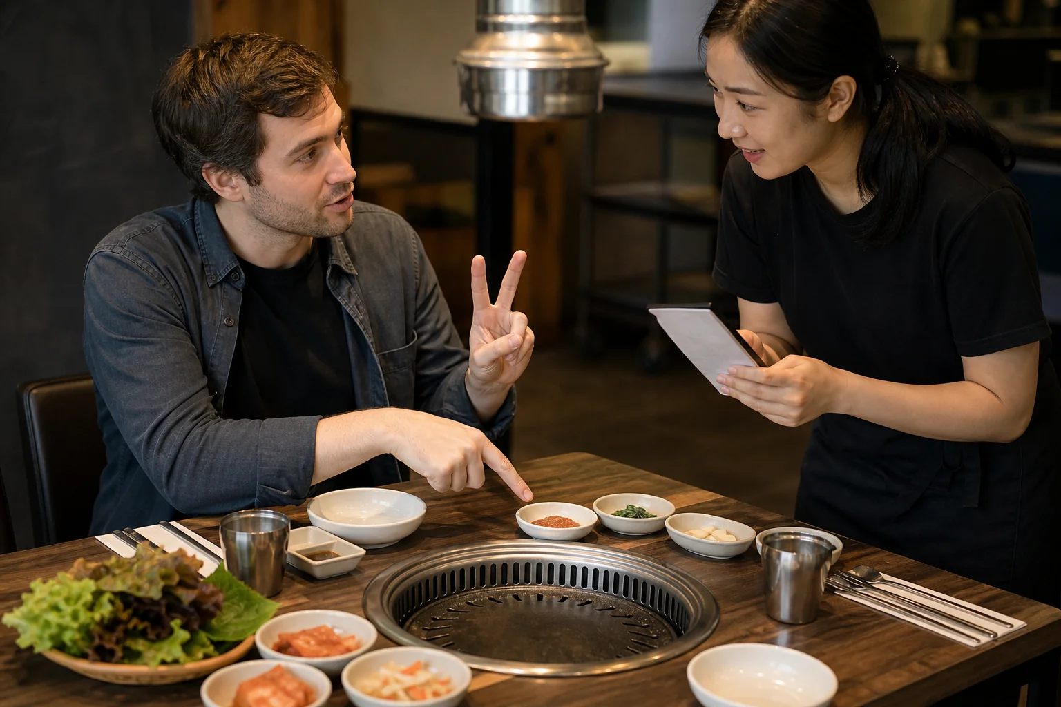 Traveler using a quantity gesture while a server confirms the order