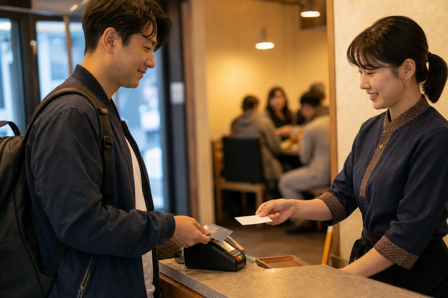 Traveler paying by card and receiving a receipt at a Korean restaurant