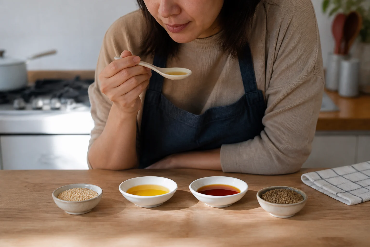 Home cook comparing the aroma of sesame oil and perilla oil