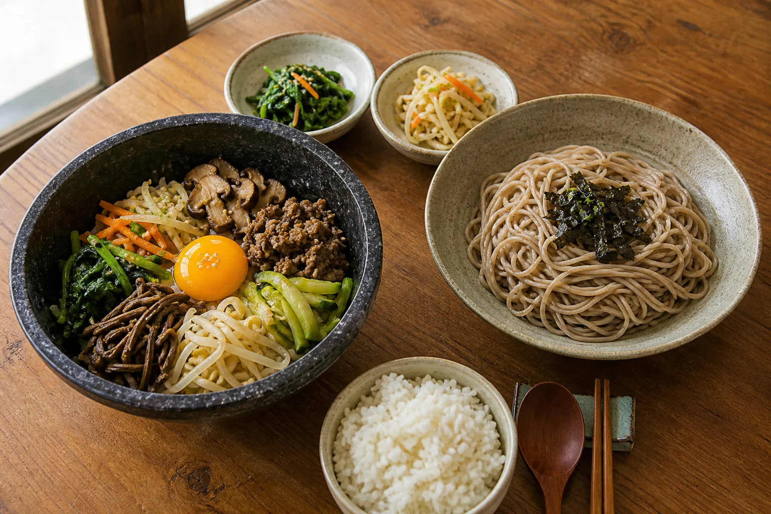 Bibimbap, buckwheat noodles, rice, and Korean vegetable side dishes