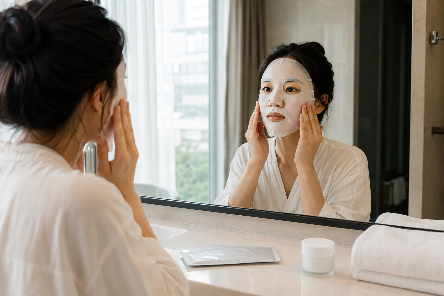 Adult traveler smoothing a plain white sheet mask onto clean skin at a hotel vanity