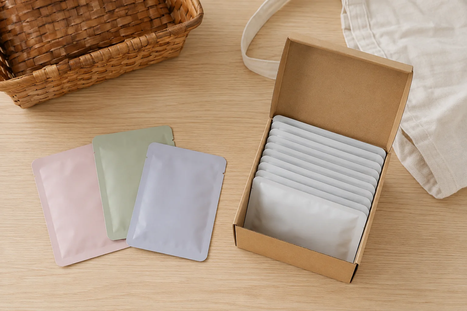 Three single sheet mask packets beside an unbranded box containing a larger multipack