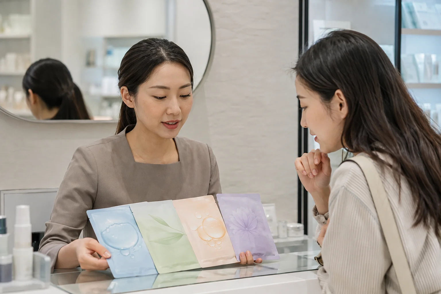 Beauty adviser helping a traveler compare four generic sheet mask packets by skin concern
