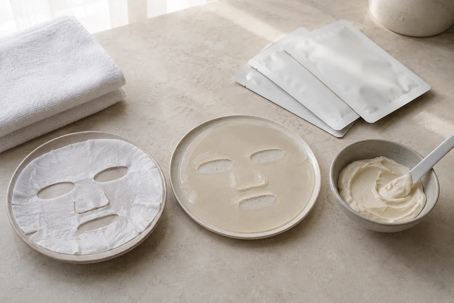 Cotton sheet, translucent gel mask, and creamy wash-off mask compared on a skincare table