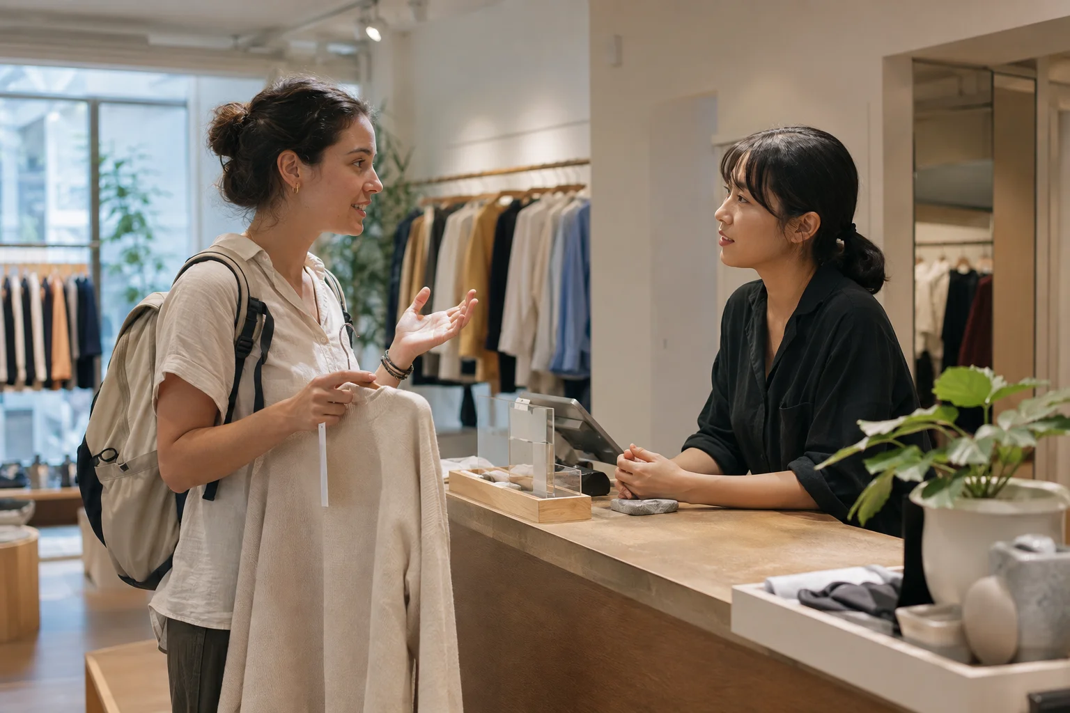 Traveler asking a sales associate for help in a Seoul clothing store