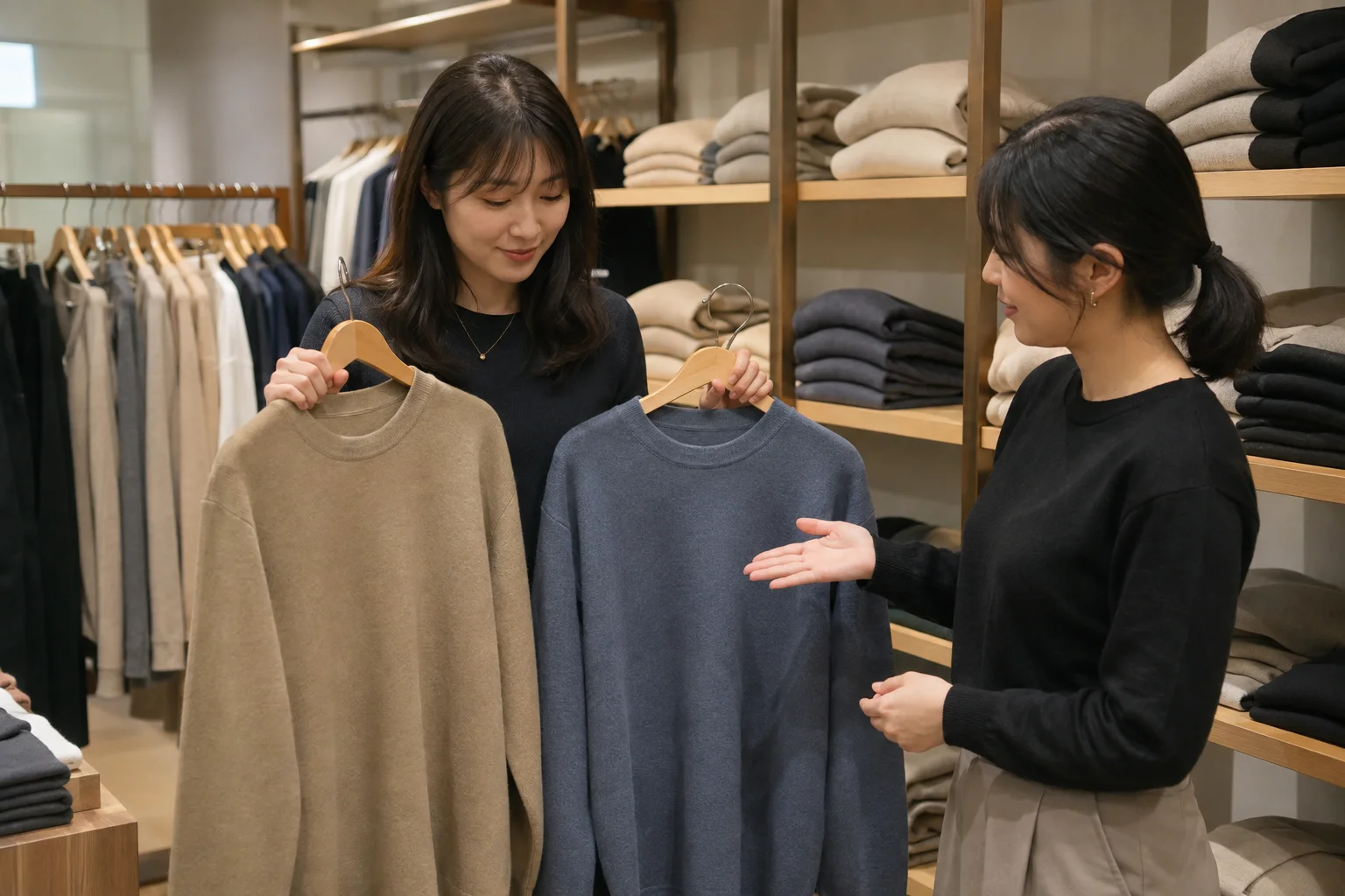 Shopper comparing two colors with help from a Korean store associate
