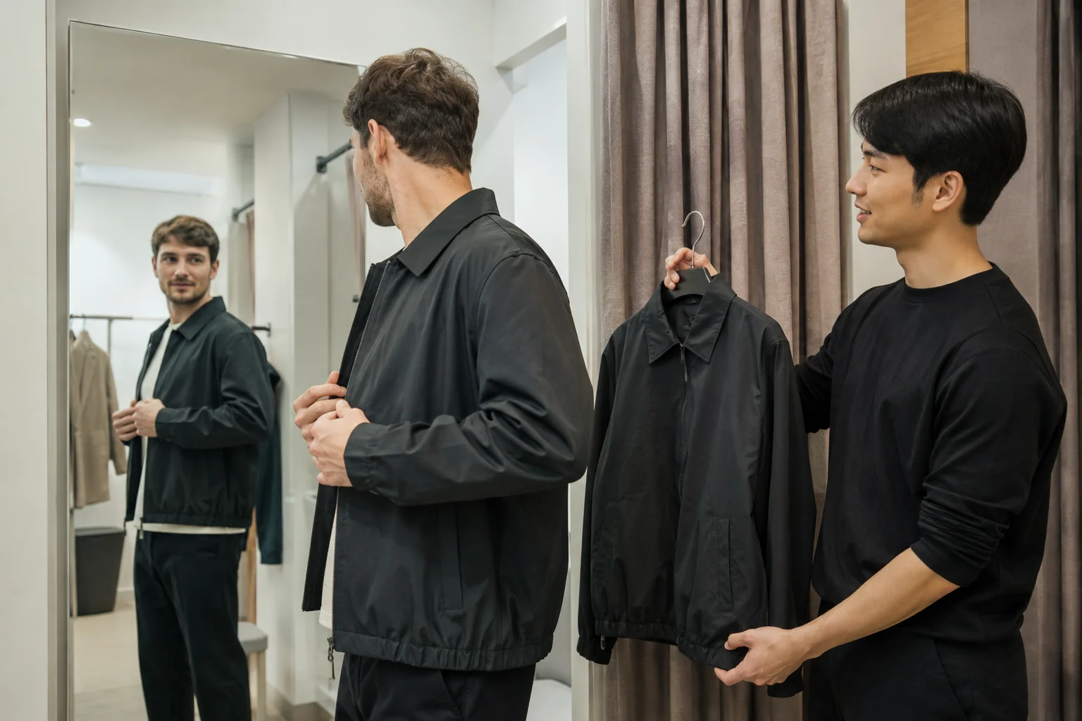 Traveler checking a jacket fit while a store associate offers another size