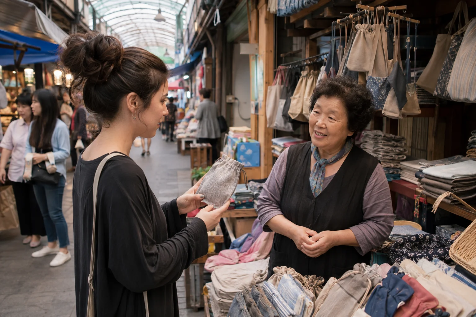 Traveler politely asking a Korean traditional-market vendor about a handmade pouch