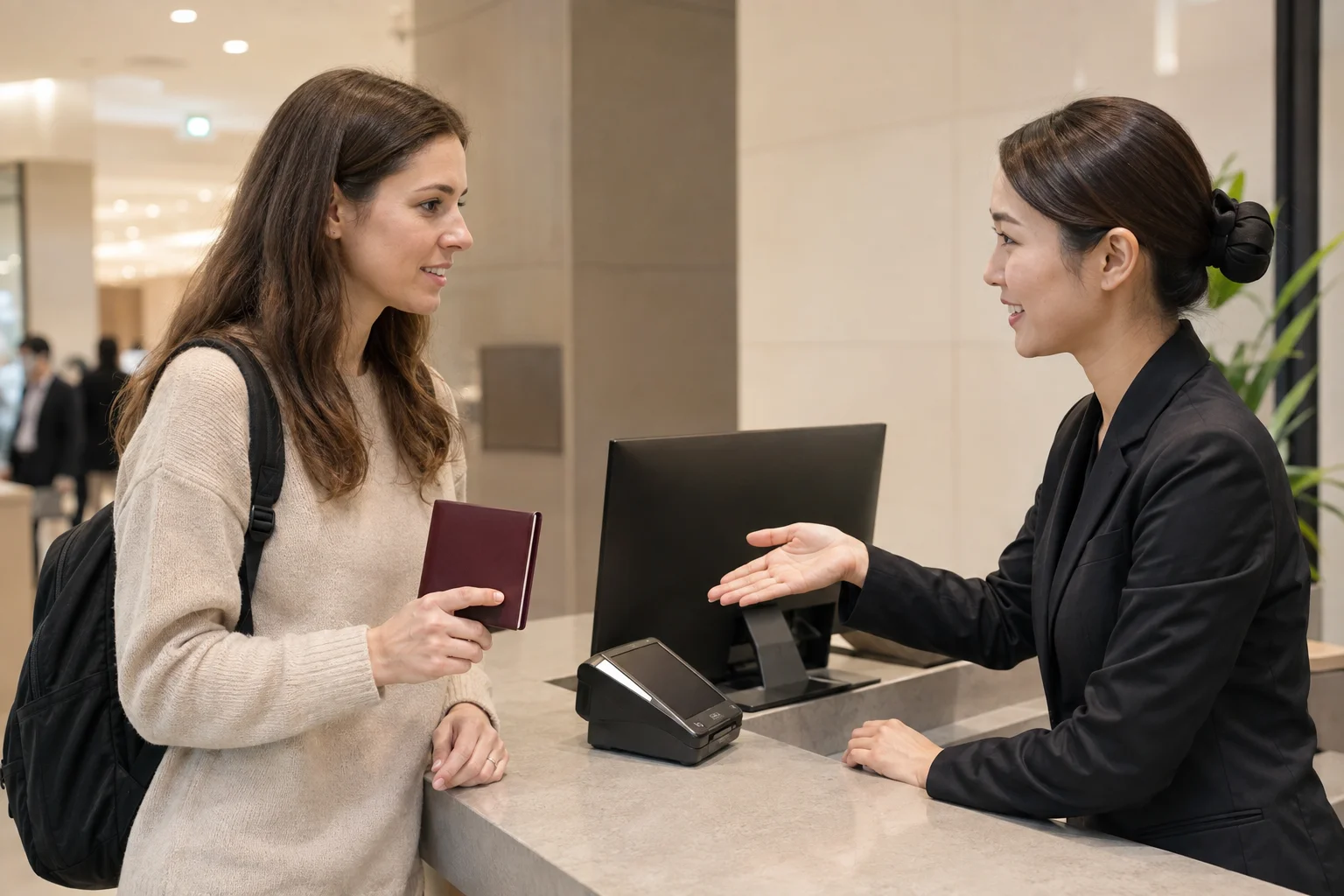 Traveler asking a department-store employee about a tourist refund