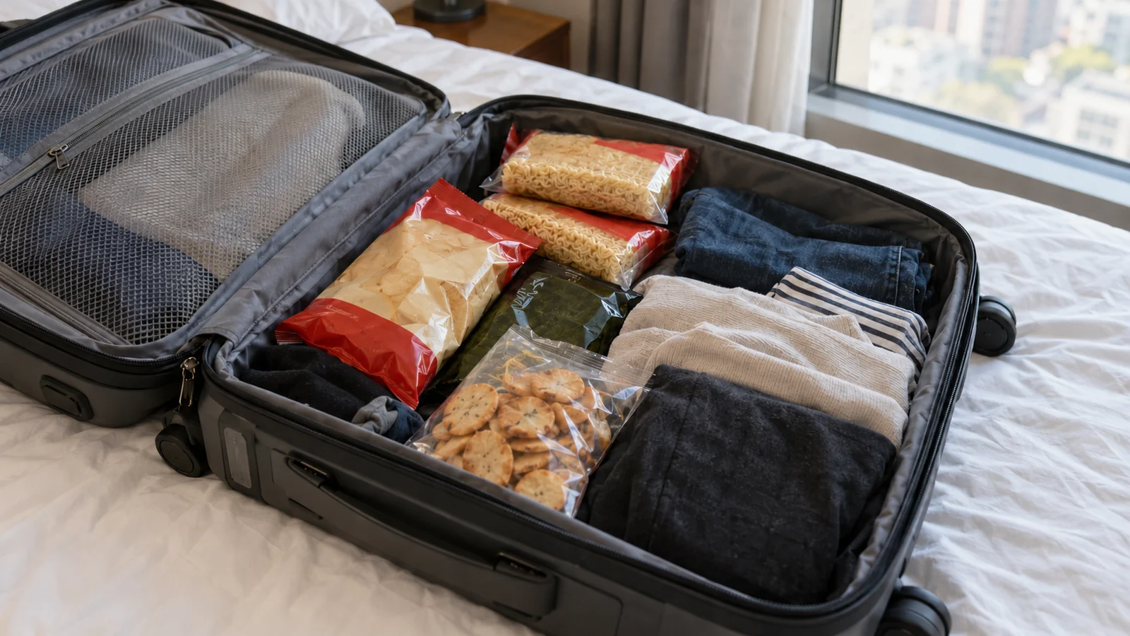 Sealed snack and noodle packets packed beside folded clothes in an open suitcase