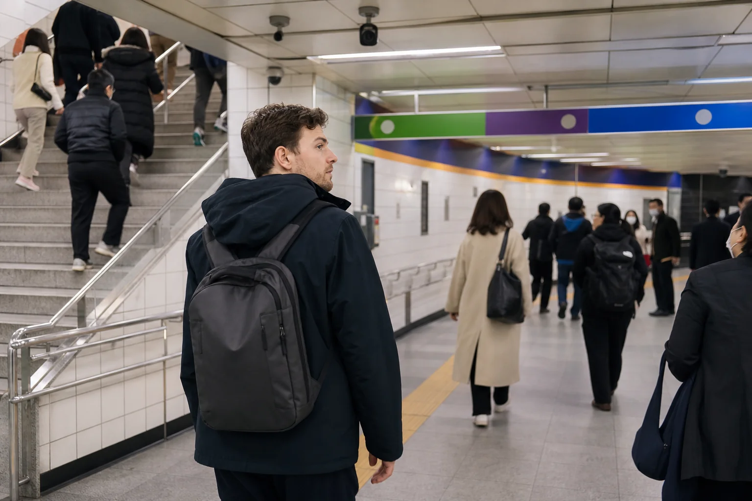 Traveler changing subway lines in a Seoul transfer corridor
