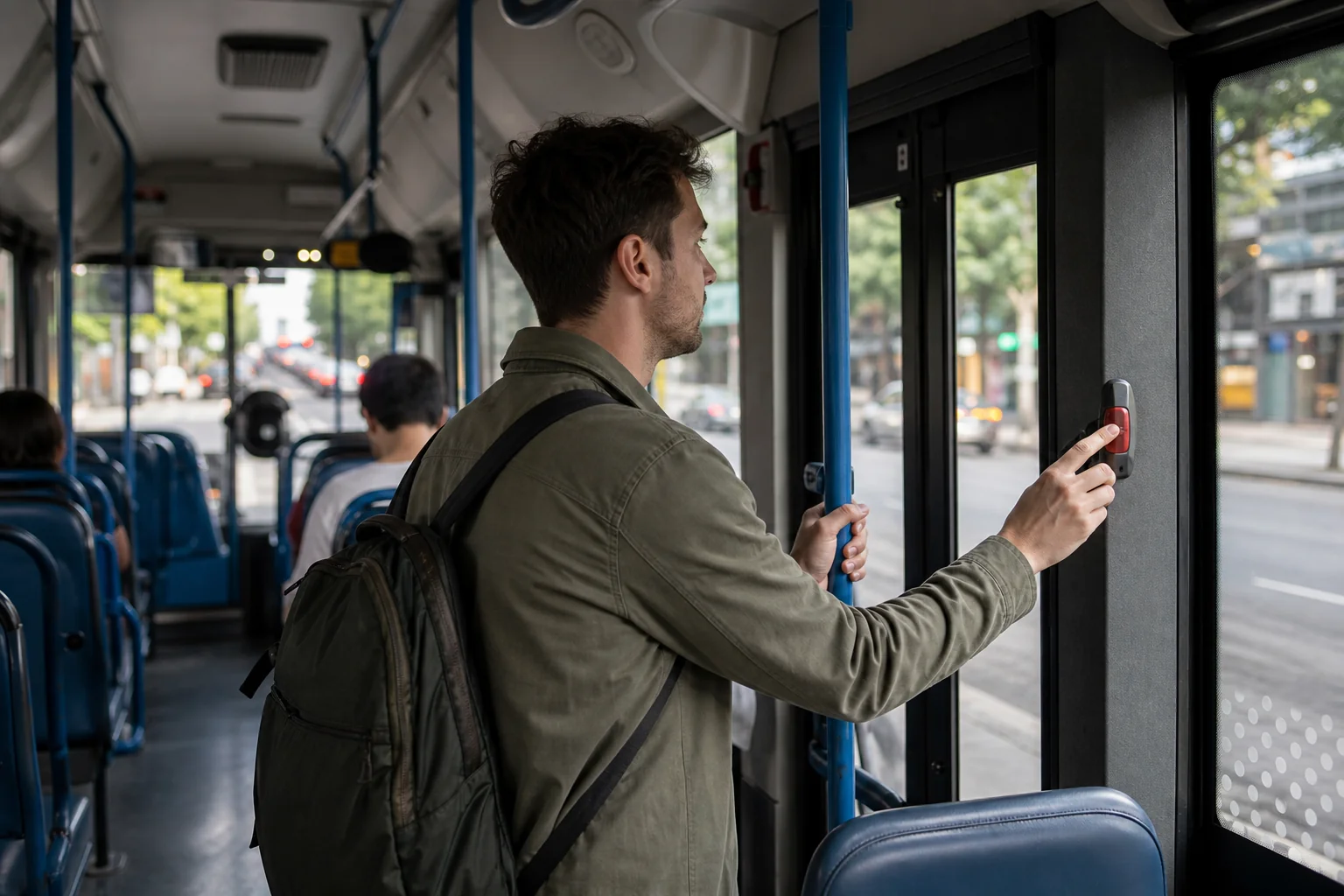 Traveler pressing a stop-request button inside a Seoul city bus