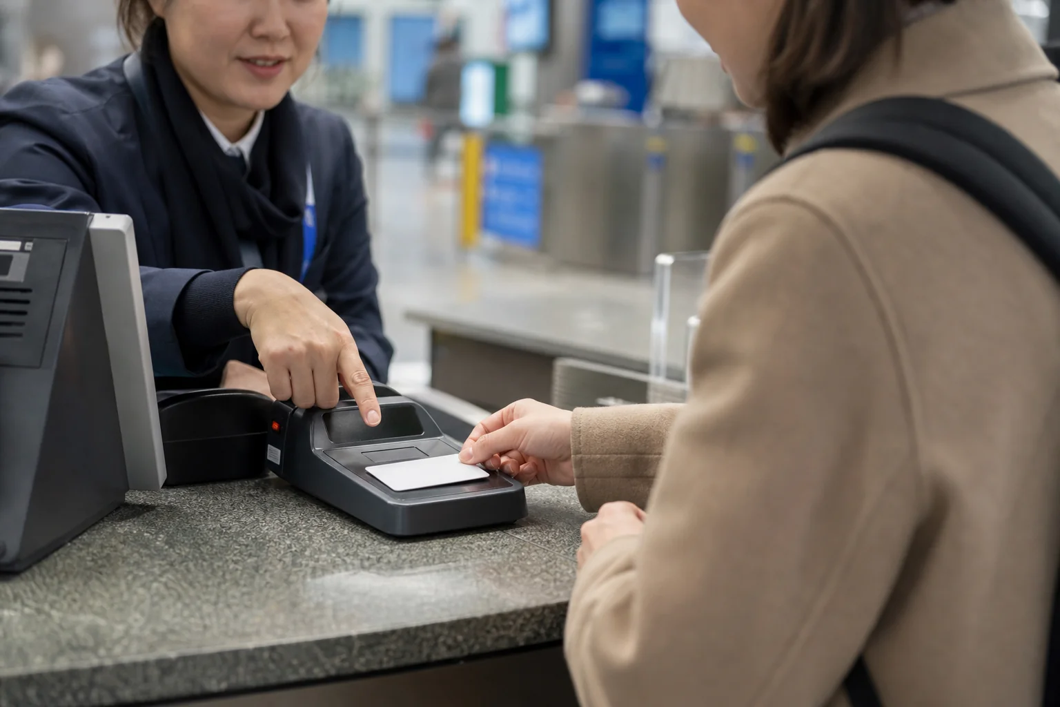 Traveler receiving help with a transit card at a subway service counter