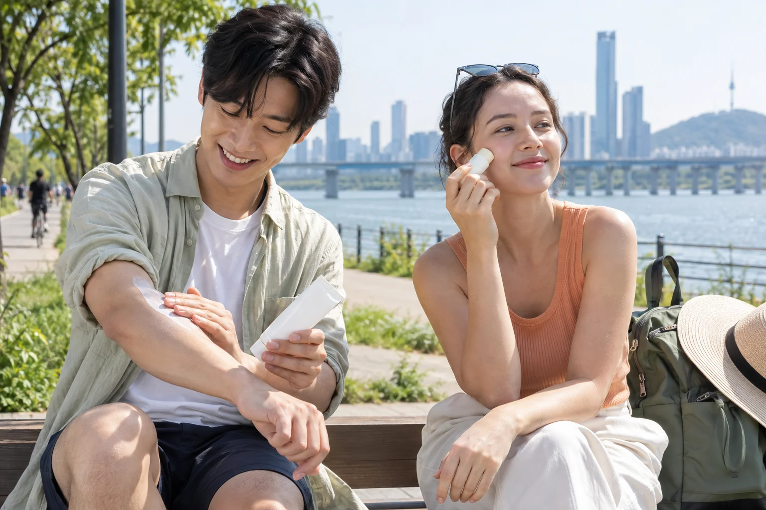 Two adult travelers using sunscreen cream and a plain sun stick beside the Han River