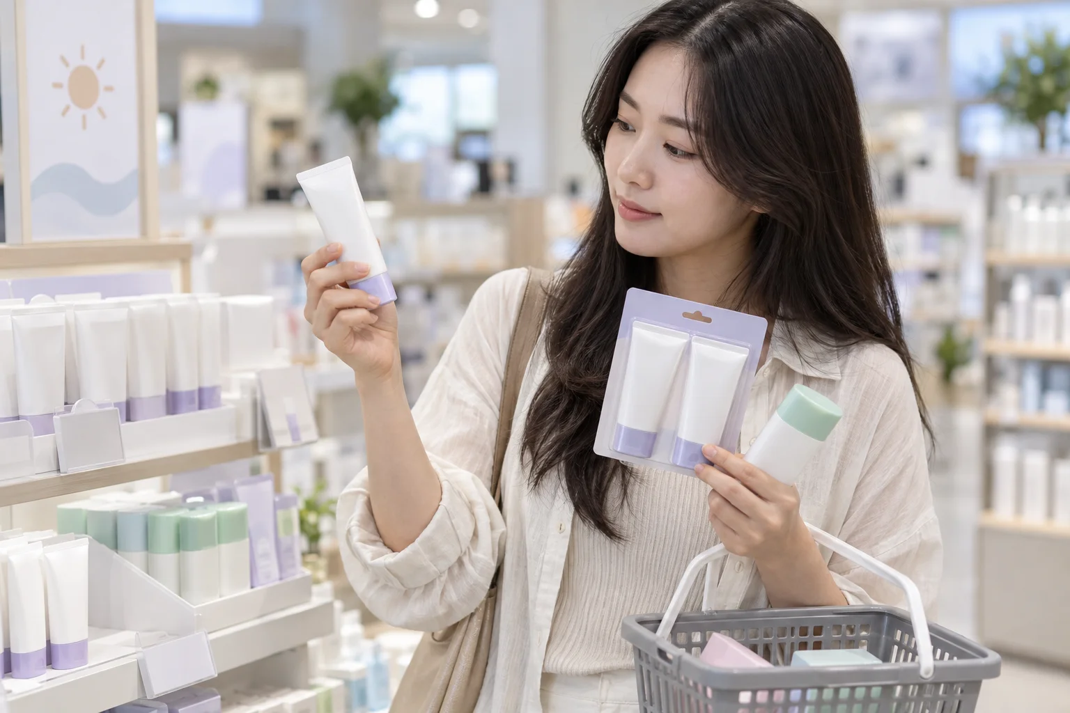 Shopper comparing a single sunscreen tube, twin pack, and sun stick in a Korean beauty store