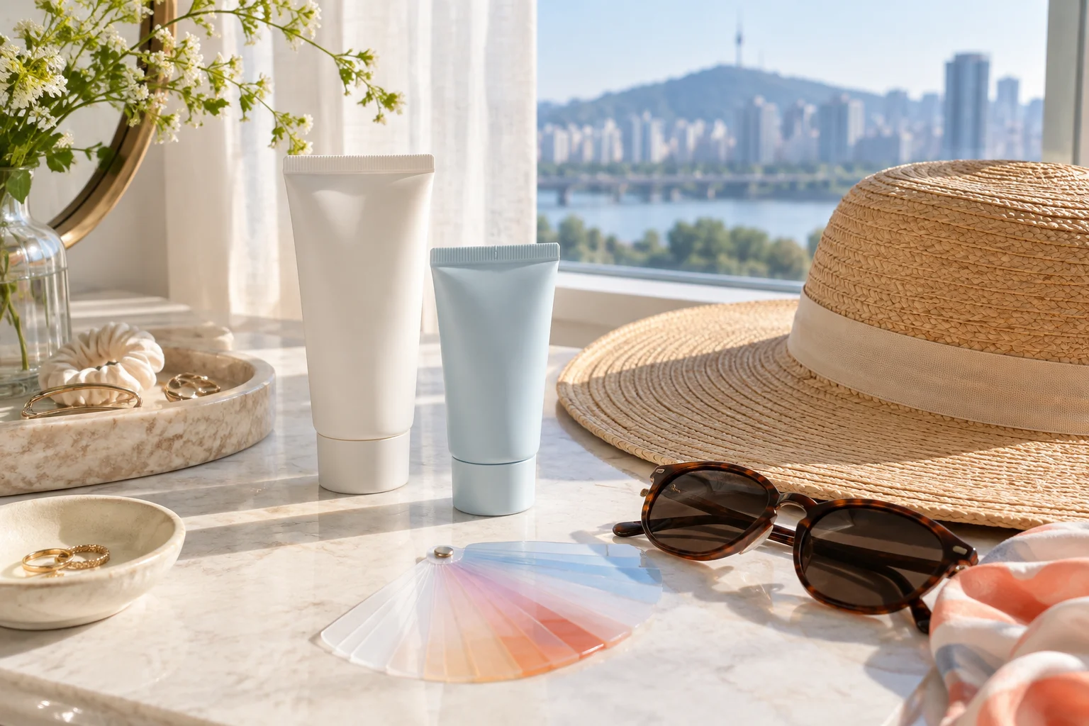 Plain sunscreen tubes, hat, and sunglasses arranged beside a sunny Seoul window