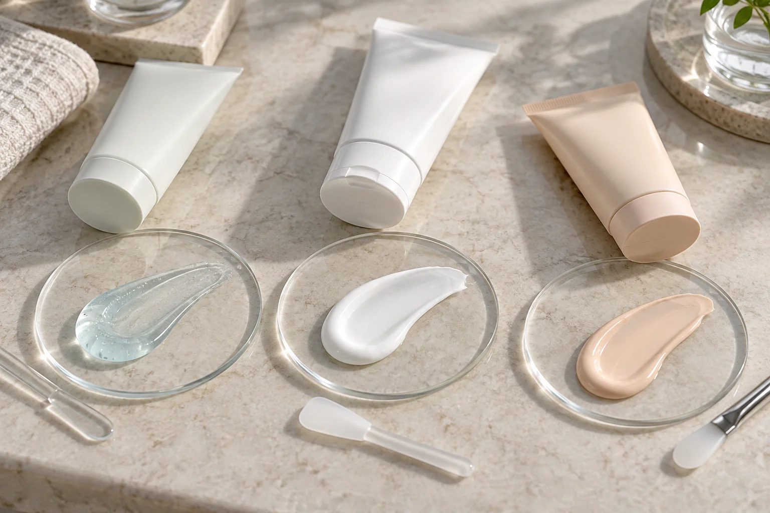 Three generic sunscreen textures compared on clear glass palettes
