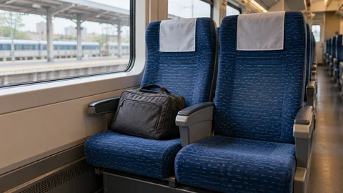A small travel bag on one of two empty blue fabric seats beside a passenger-train window