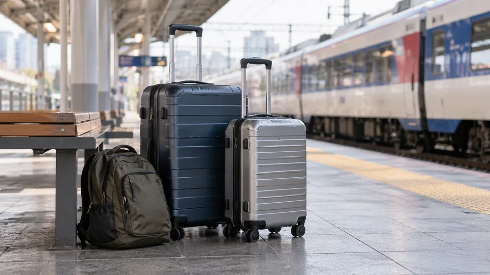 Two suitcases and a small backpack beside a train platform bench.
