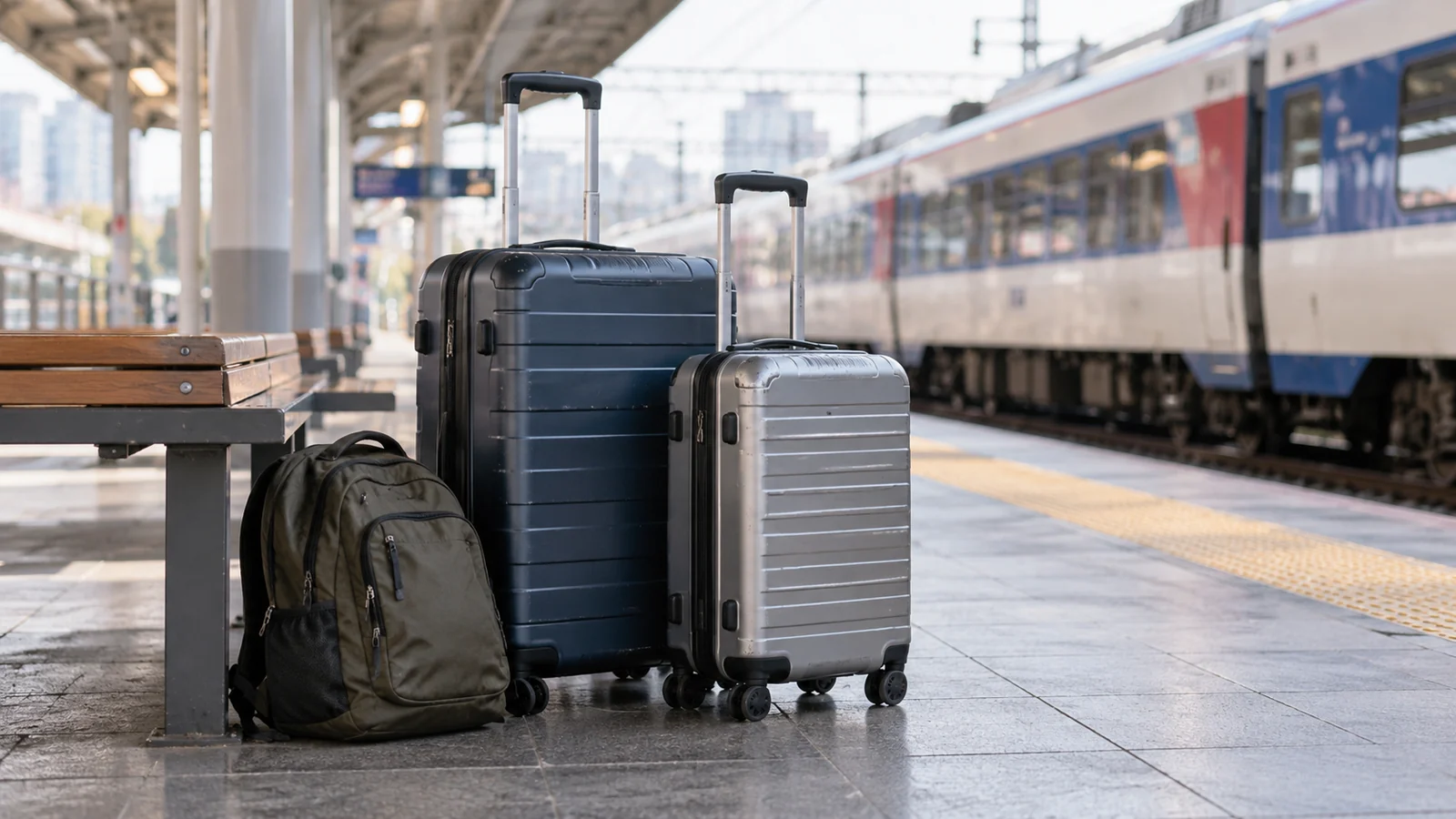 Two suitcases and a small backpack beside a train platform bench.