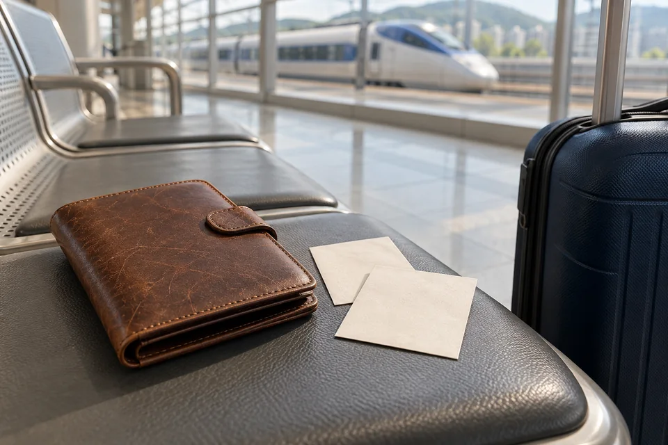 A travel wallet and two face-down paper slips beside a suitcase in a railway waiting area.