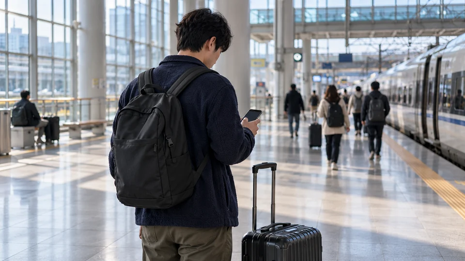 A traveler checking a phone beside a suitcase in a bright railway station