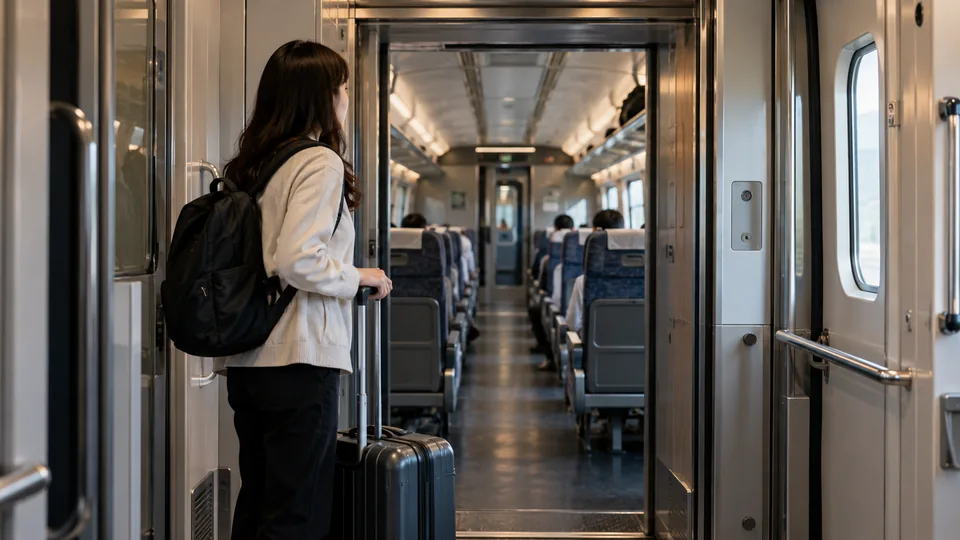 Train seats and a passenger waiting near the vestibule.
