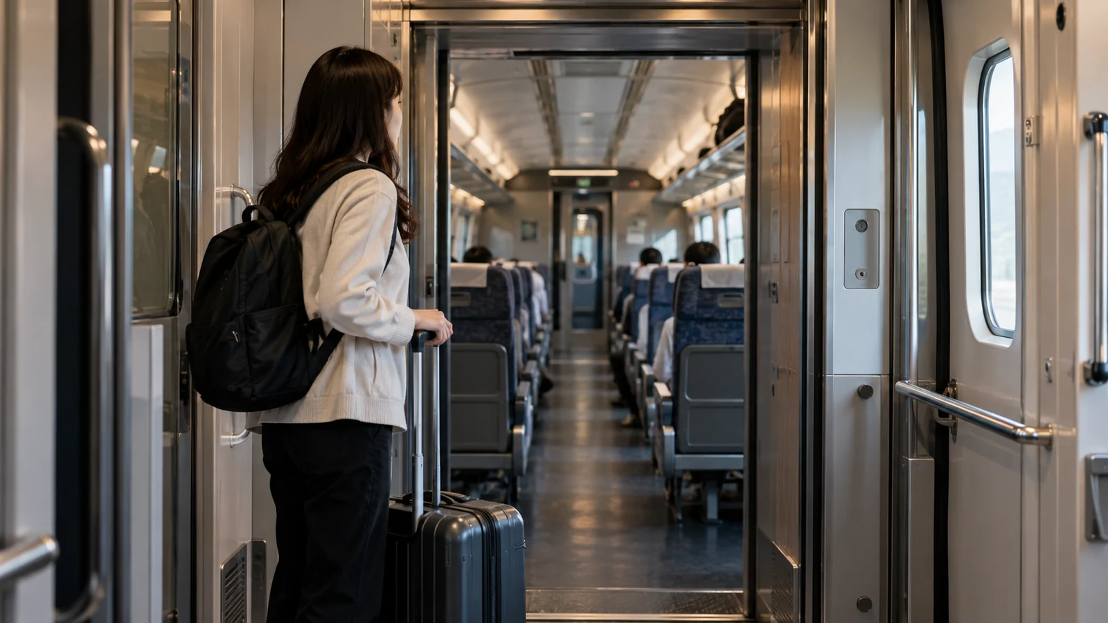 Train seats and a passenger waiting near the vestibule.