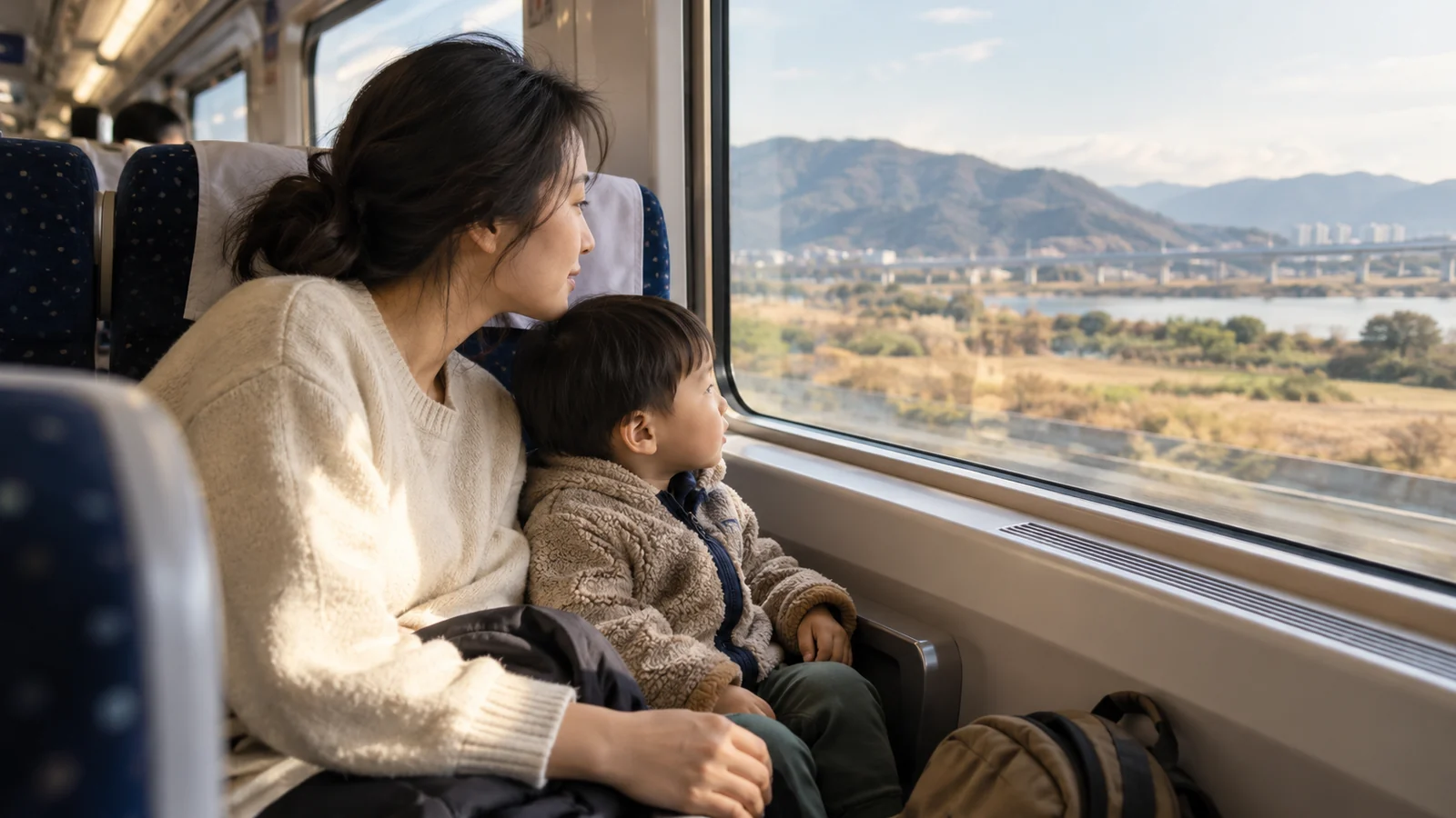 A parent and young child seated together on a passenger train.