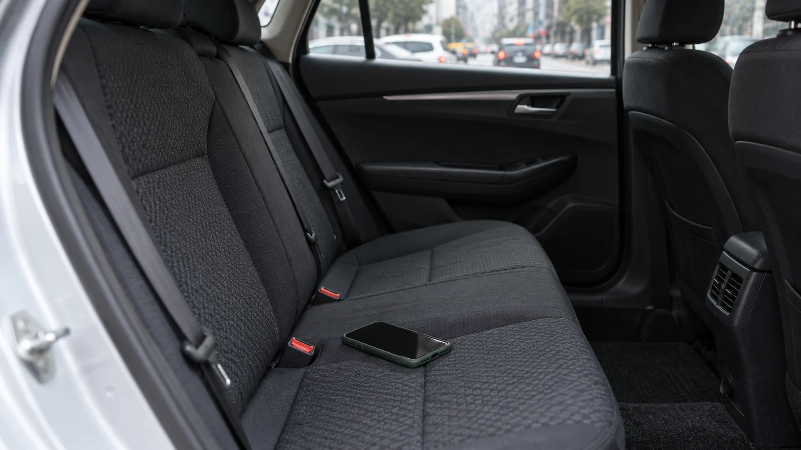 A smartphone in a green case left on the rear seat of a sedan