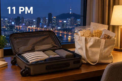 An open suitcase and a canvas bag of snacks in an imagined room at night, with the editorial reminder 11 PM.