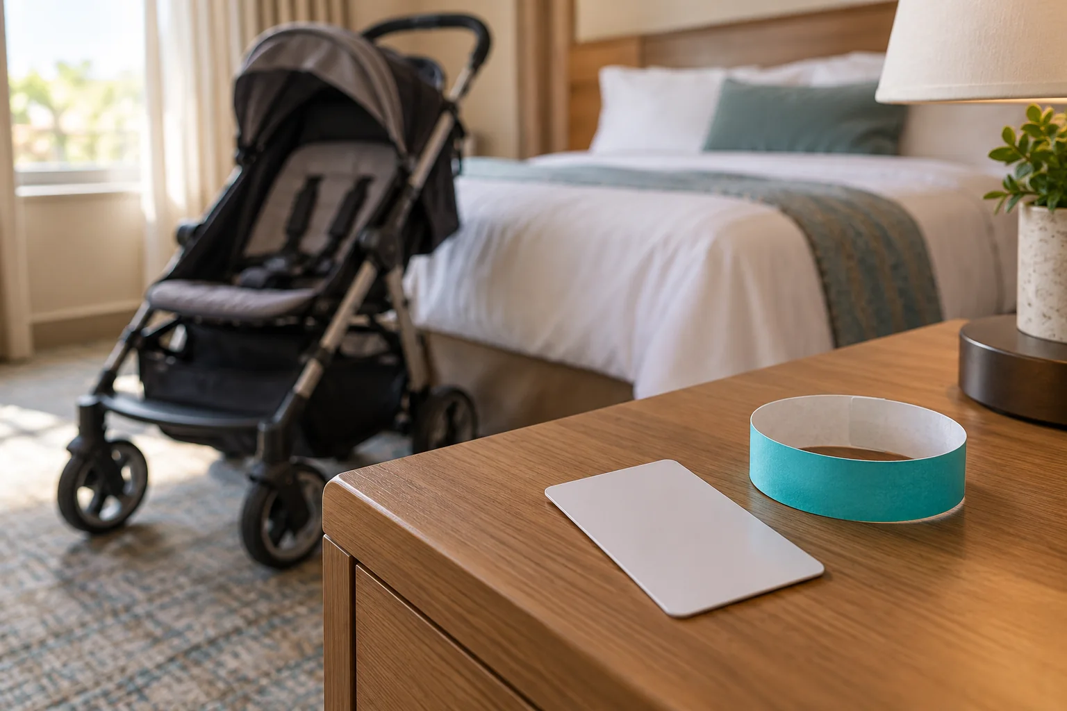 A plain hotel key card and admission wristband beside a stroller and hotel bed