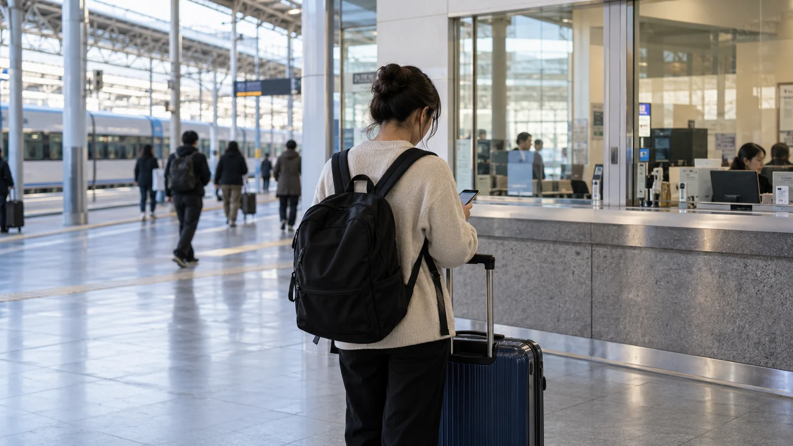 A traveler checking a phone on a station concourse.