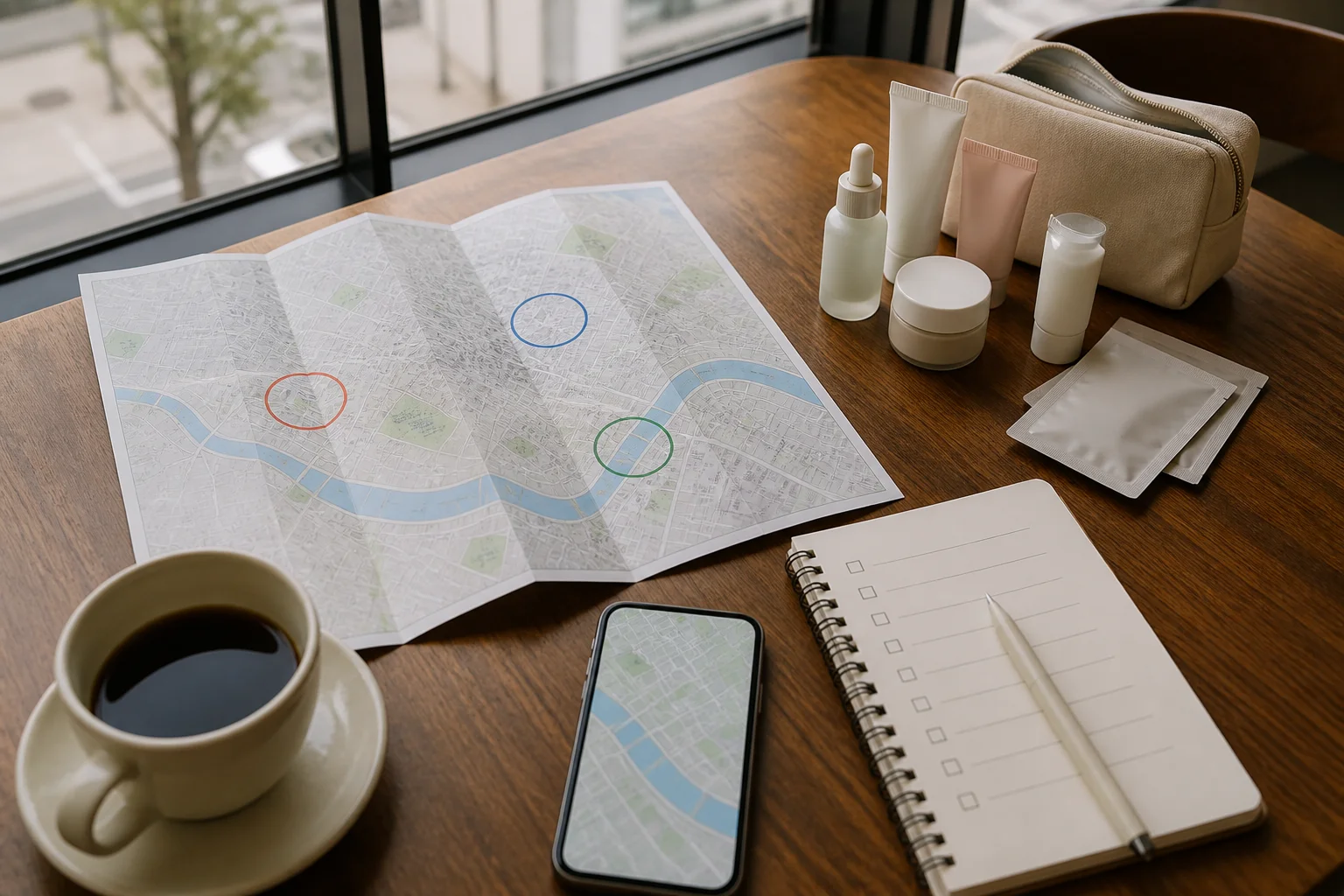 Map, skincare samples, and a checklist for planning a Seoul K-beauty shopping day