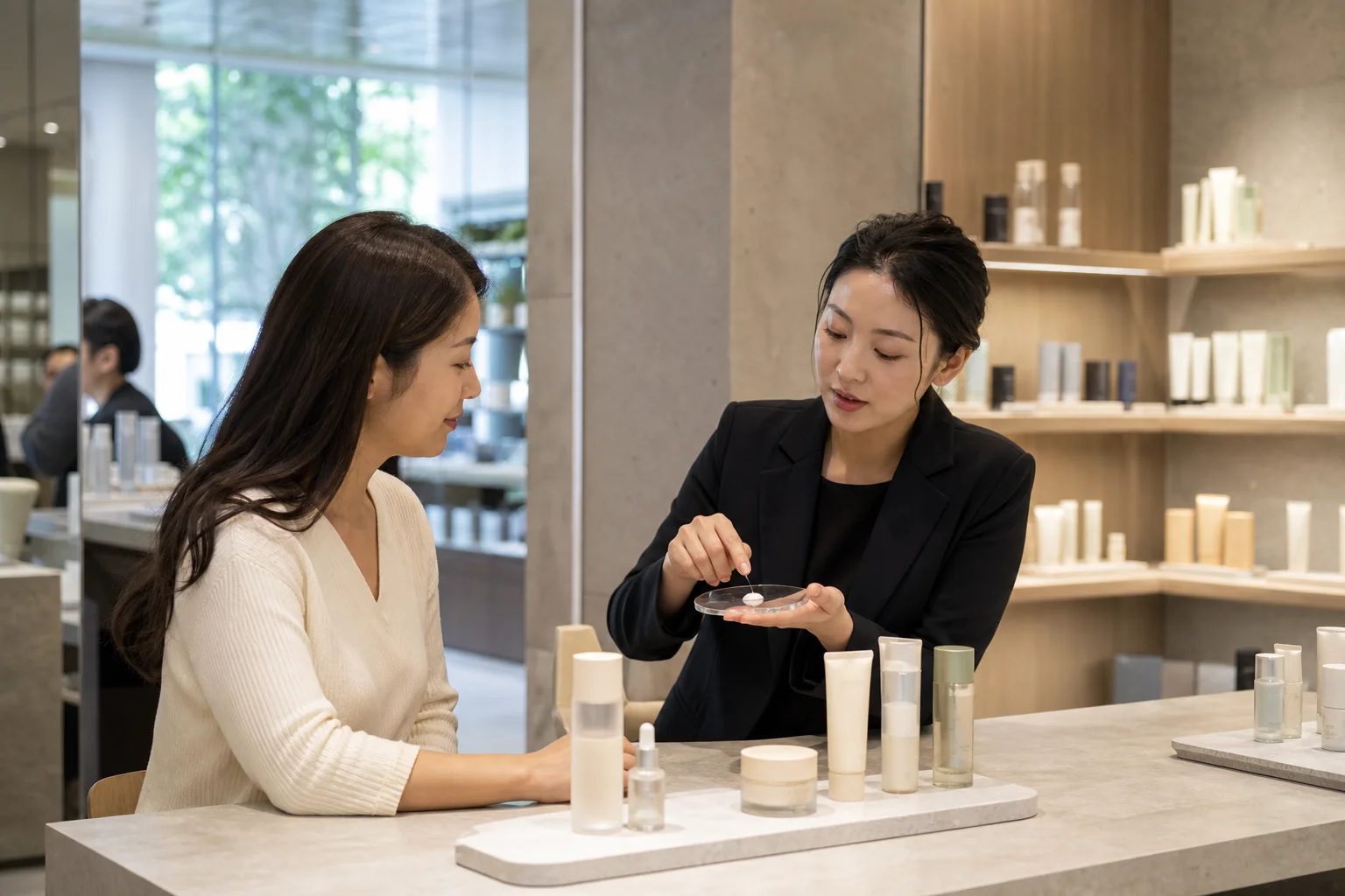 Traveler receiving a skincare consultation inside a refined Gangnam beauty store