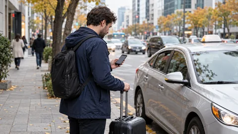Traveler checking a phone beside luggage and a parked taxi on an autumn city street