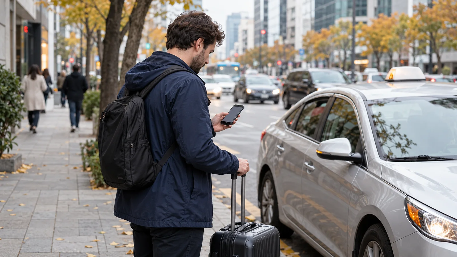 Traveler checking a phone beside luggage and a parked taxi on an autumn city street