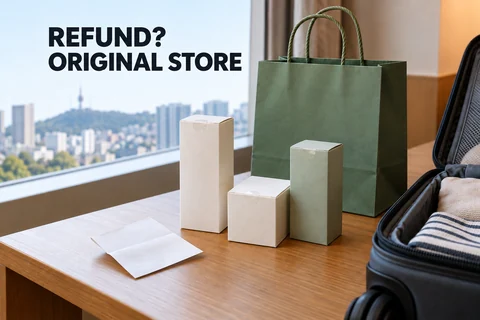 Sealed cosmetic cartons, a folded receipt and a green shopping bag beside a suitcase, with the reminder REFUND? ORIGINAL STORE