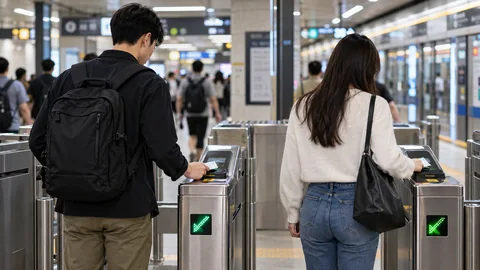 Two travelers preparing separate transit cards near subway gates.