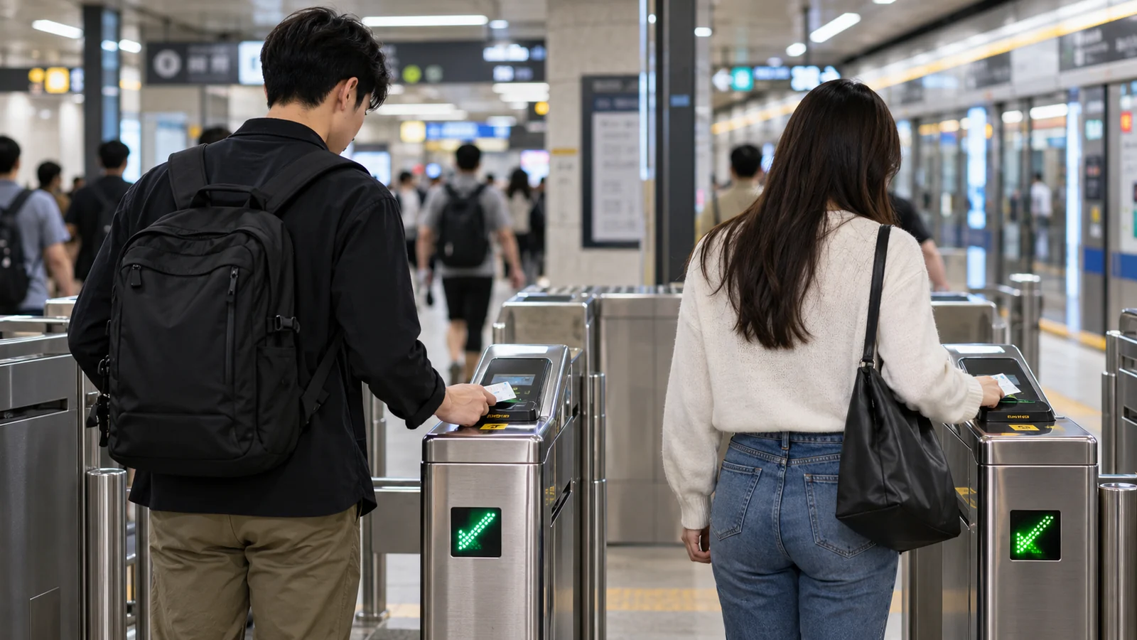 Two travelers preparing separate transit cards near subway gates.