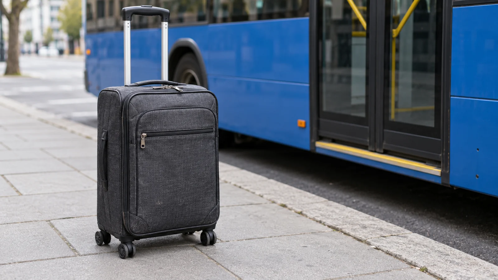 A charcoal fabric suitcase on a pavement beside a softly blurred blue city bus