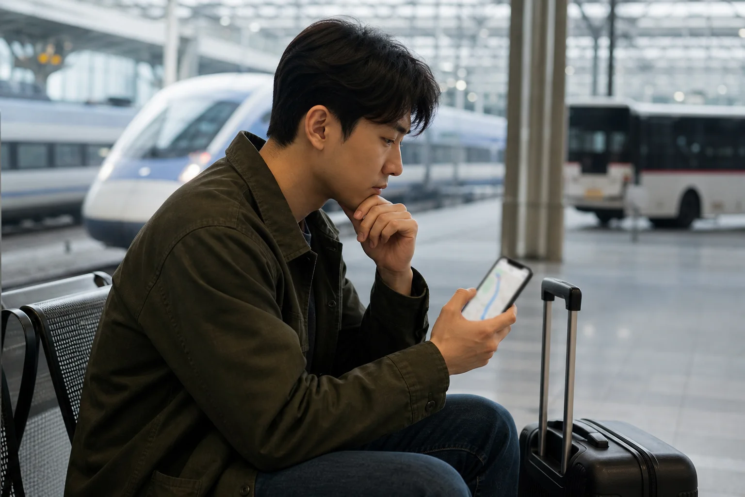 Traveler comparing Seoul-to-Busan train and bus options on a phone