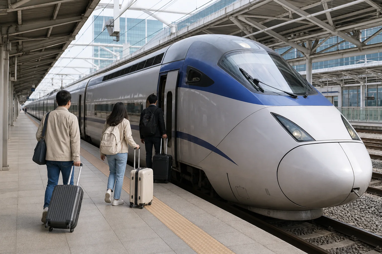 Travelers boarding an unbranded Korean high-speed train