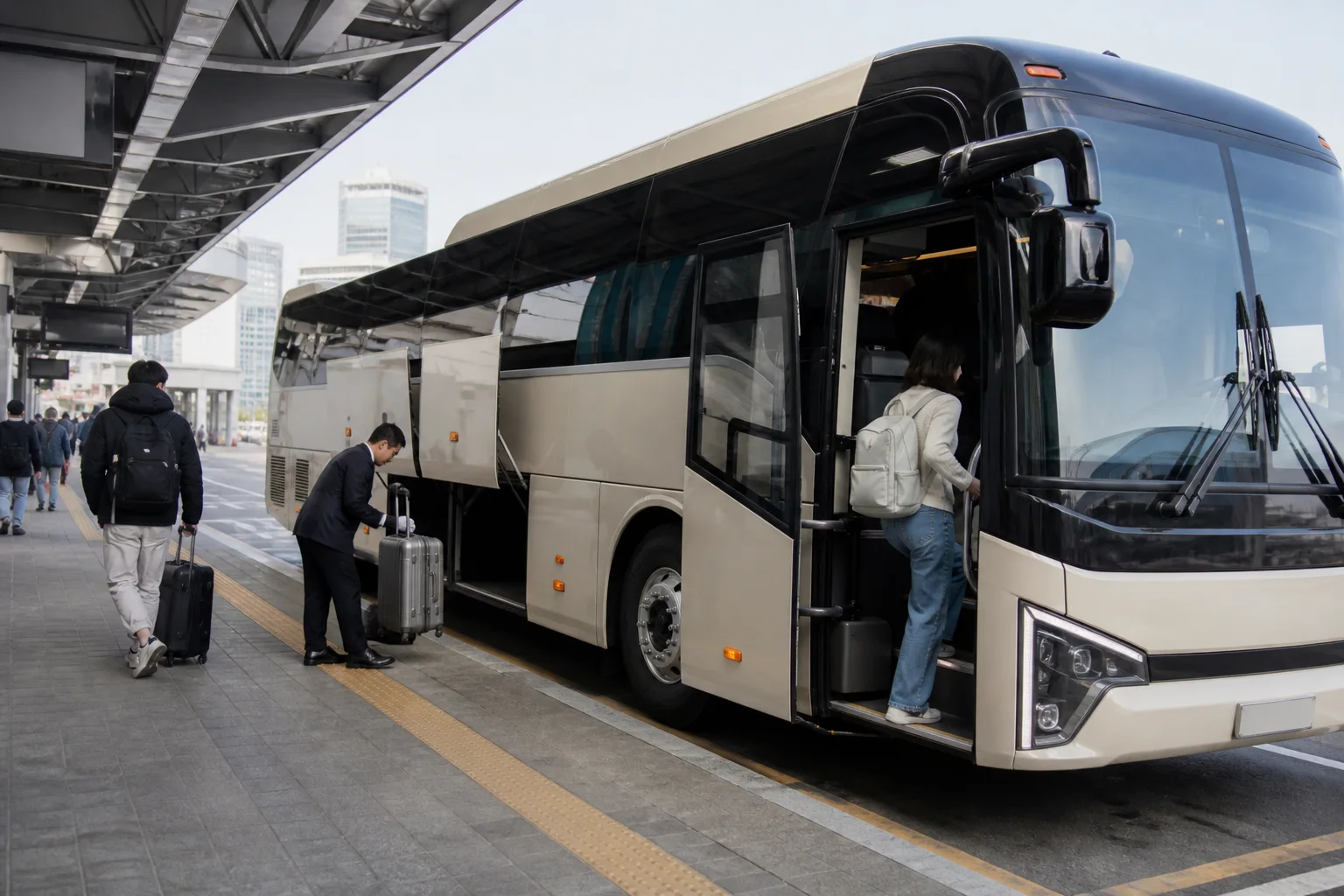 Passengers boarding a premium express bus at a Korean terminal